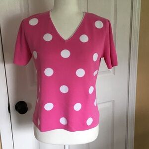 Designers Originals Whimsical Retro Pink White Polka Dot V-Neck Sweater Size M